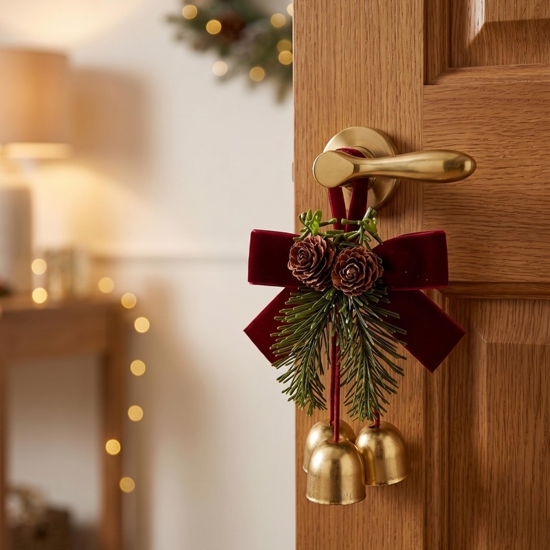 4 Pack Christmas Bow Ornaments with Jingle Bells, Pine Cone