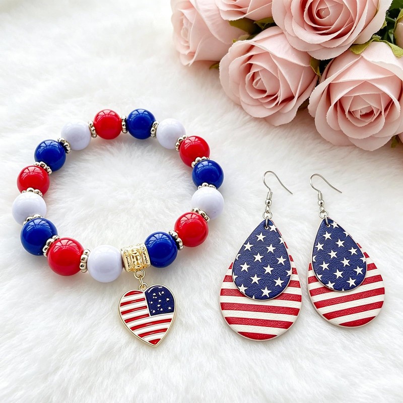 Patriotic 4th of July Flag Earrings Bracelet Set for Women