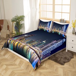 New York City Comforter Cover Single Size America Style Duvet Cover Set City View Bedding Set with 1 Pillowcases Soft Microfiber Zipper Decorative Night Landscape Bedspread Cover 2 Piece