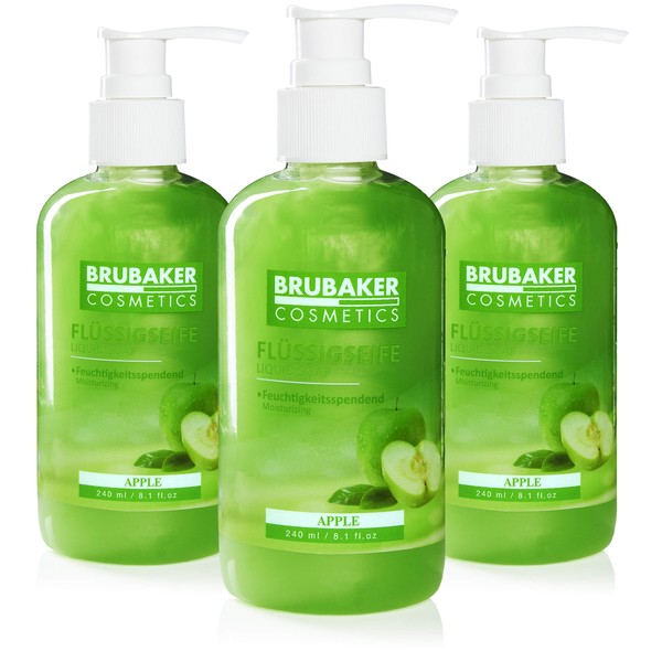 BRUBAKER Cosmetics Pack of 3 Hand Wash Lotion Liquid Soap Apple - 3 x 240 ml - in Practical Dispenser - Gently Cleans and Moisturises - for Hygienically Clean Hands