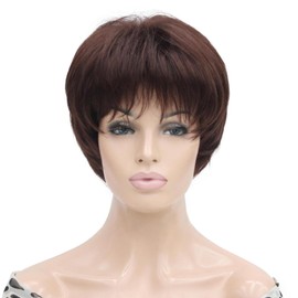 Lydell 6-8" Straight Short Bob Wig Layered Shaggy Flat Bangs Heat Resistant Synthetic Wigs 33 Dark Auburn