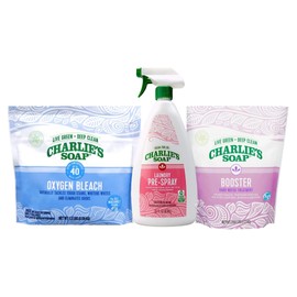 Charlie's Soap Laundry Stain Remover Bundle, Oxy Bleach, Pre-Spray 32 Fl Oz, and Booster, Natural Variety Pack of 3