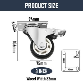 AOTAISP 3 Inch Caster Wheel Set of 4 Heavy Duty Black Casters Plate Caster Wheels with Brake, Locking Casters Polyurethane Swivel Castors for Furniture and Workbench Cart(2 with Brakes & 2 Without)
