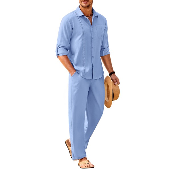 COOFANDY Conjunto de lino de 2 piezas para hombre, casual, manga larga, con botones, camisa cubana y pantalones sueltos, conjunto de ropa para día festivo en la playa, Azul/claro, Medium