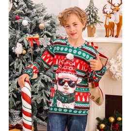 grehava Christmas Sweater for Kids Boys Size 13-16 Years Long Sleeves Loose Crewneck Boys Ugly Sweaters 3D Alpaca with Scarf Funny Print Boy Girl Xmas Sweatshirts Party Homewear Holiday