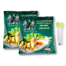 Three Ladies Rice Paper Banh Trang for Frying Fried Spring Roll Size 22 cm - 12 Oz. X 2 Packs - with Mini Handshape Silicone Tongs
