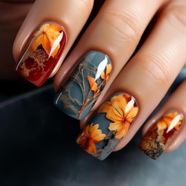Fall Press on Nails Maple Leaves Fake Nails Medium Square Stick on Nails Glossy Acrylic Glue on Nail with Red and Yellow Flower Designs Full Cover Glue on Nail for Thanksgiving Day Decoration
