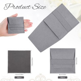 120 Pcs Microfiber Jewelry Pouch 8x8cm Jewelry Packaging Bag Luxury Gift Fixed Strap Envelope Style Packaging with Jewelry Cleaning Cloth for Earrings Necklace Packaging (Gray)