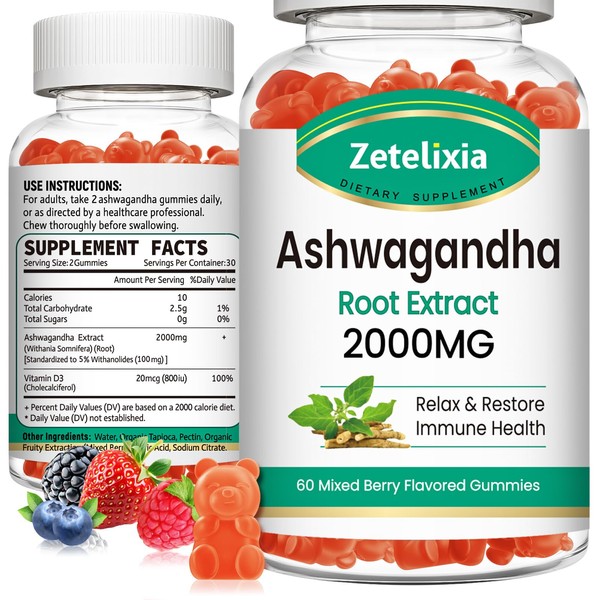 Zetelixia 2 Pack Ashwagandha Gummies, Extra Strength Vitamin D3, Organic