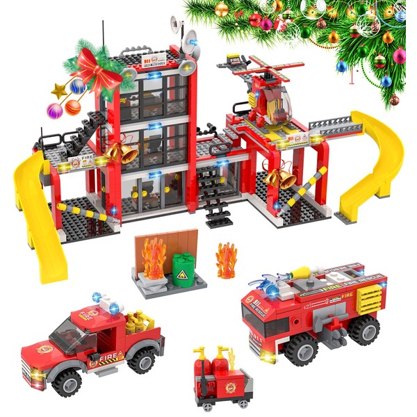 City Fire Station Building Kit, Fun Firefighter Toy Building Set for Kids, with Toy Fire Truck, Helicopter, Best Learning Educational Roleplay STEM Toy Gift for Boys and Girls Age 6-12 (896 Pieces)