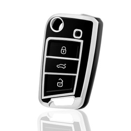 OFF WE GO Car Key Cover Case Key Fob for VW Volkswagen Golf 7 Variant Polo Tiguan Seat Leon Cupra Skoda Octavia Superb Soft TPU Full Protection Car Key Shell 3 buttons Car Key Holder Box, Black Silver