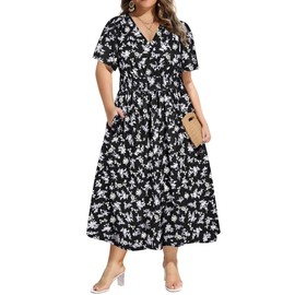 CARCOS Women Plus Size Maxi Dress 4X V Neck Summer Beach Short Sleeve Sun Black White Floral Boho Smocked Waist Party Dress with Pockets 4XL 24W 26W