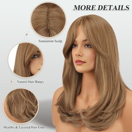 FESHFEN Blonde Wigs with Bangs, Synthetic Natural Looking Mixed Blonde Long Layered Straight Hair Wig for Women Daily Party Use, 18 inch