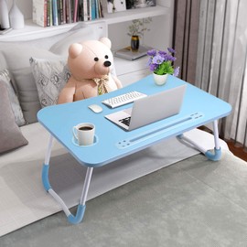 Slendor Lap Desk with Cup Holder, Foldable Laptop Table for Bed, Portable Bed Desk for Laptop and Writing, Computer Tray with Tablet Slot, Notebook Stand Reading Holder for Couch Sofa Floor,Blue