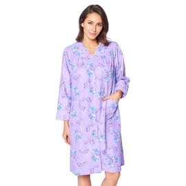 Casual Nights Womens Floral Snap Front Flannel Duster Long Sleeve Lounger Nightgown Nightshirt, Purple Violet, XX-Large