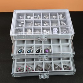 HOUKANWE Acrylic Earring Organizer Box with 3 Drawers Clear Stud Earrings Holder Organizer with Velvet Trays Stackable Jewelry Organizer Box 54 Grids Earring Display Case for Women Girls (Grey)