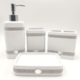 CAA'S Bathroom Accessories Set Ceramic 4 Pieces Bathroom Ensemble for Bath Decor Includes Lotion Dispenser Toothbrush Holder Tumbler Soap Dish (White Inlaid Zircon)
