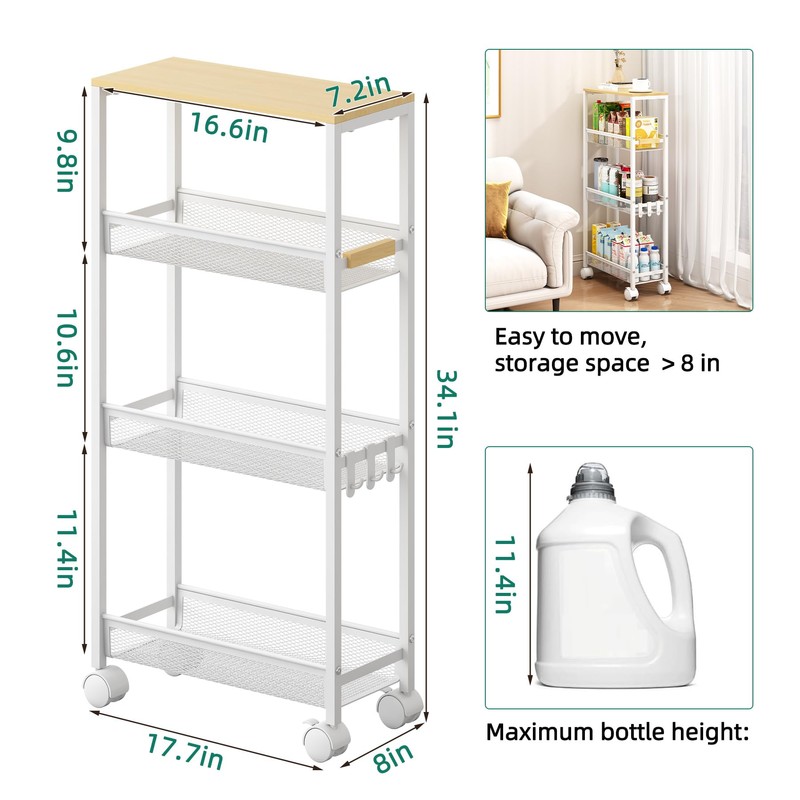 4-Tier Slim Utility Rolling Laundry Cart with Wheels, Easy to