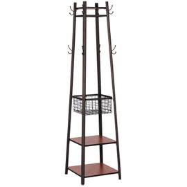 VECELO Industrial Coat Rack,Enterway Clothes Stand With 2 Tier Storage Shelves/Basket,Hall Trees with 8 Dual Hooks, Brown+Black (KHD-XJM-FH01)