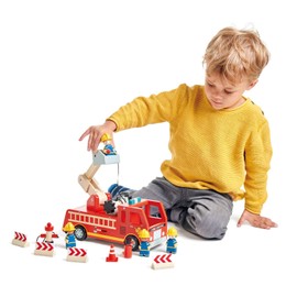 Tender Leaf Toys - Fire Engine - Wooden Fire Truck Toy with Firefighters and Accessories - Story Telling, Pretend Play and Imaginative Play for Age 3+