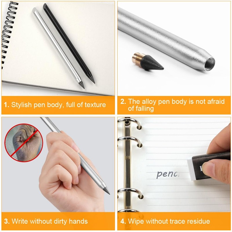 AUAUY 2 PCS Metal Inkless Pencil, Reusable Everlasting Infinity Pencil,