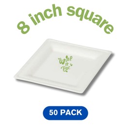 Wrap n Pac Heavy Duty 8 inch Square Microwaveable Disposable Biodegradable Bagasse Sugarcane White Party Paper Plates Eco Friendly Tableware Eco-Plates (8 Inch - Pack of 50)