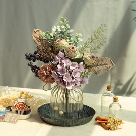 JARELING Artificial Flowers in Vase, Silk Hydrangea Rose with Glass Vase Fake Fall Flowers Arrangement Eucalyptus for Farmhouse Vintage Home Office Decoration, Dining Table Centerpiece (Purple)