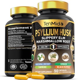Tenmido Psyllium Husk Supplements - 6in1 with Slippery Elm, Marshmallow Root, Turmeric, Ginger & Black Pepper - Digestive Health - 90 Vegan & Non-GMO Capsules