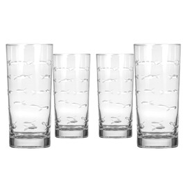 Rolf Glass School of Fish Highball Glass | Set of 4 15oz Cooler Glasses | Lead-Free Engraved Glass with Heavy Base | Proudly Made in the USA