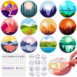Potchen 12 Pcs Color Your Own Coaster Ceramic DIY Kits for Adults Absorbent Drink Coasters with Cork Base and 12 Markers for Adult Home Table DIY Art Crafts Gift