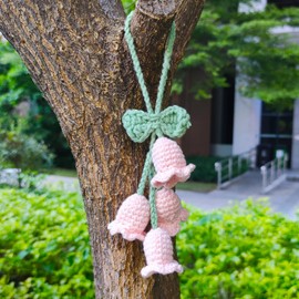 Cute Flower Rose Car Mirror Hanging Flower Decor Teens Interior Rear View Mirror Accessories Hand Knitted Rose Car Pendant (Pink)