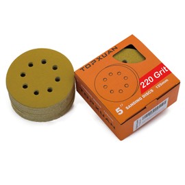 TOPXUAN Orbital Sander Paper 5 Inch 8 Hole 220 Grit Sanding Disc,Hook and Loop Wet/Dry Gold Replacement Sandpaper,Suitable for Wood,Plastic Grinding and Polishing,Pack of 50