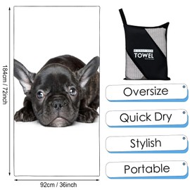 Zomer Beach Towel Large 90 x 180 cm Quick-Drying Microfibre Printed with Black Pug Motif