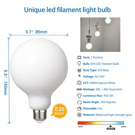 MYEMITTING 2 Pack Dimmable LED Globe Bulb, 5.5W Equivalent 60W, Neutral White 4000K CRI 90, Milky Glass, Bathroom Vanity Mirror, E26 Medium Base