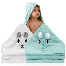 Pack of 2 Baby Towels with Hood 80 x 80 cm - Baby First Equipment Newborn - Hooded Towel Baby with Animals - Baby First Equipment - Baby Bath Towel - Bathrobe Baby with Animals - Baby Towel