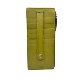 Leatherboss Genuine Leather Women's All in One Credit Business Card Case Holder Slim Zipper Wallet With a Card Protection Strap, Army Green