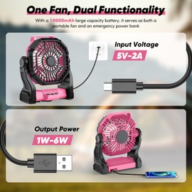 MATULSA Camping Fan Rechargeable, Real 10000mAh Small Battery Operated Fan with LED Lights Dimmable, 10’’ Portable Fans with Hook, Quiet Personal USB C Desk Fan for Camping, Beach, Worksite, Pink
