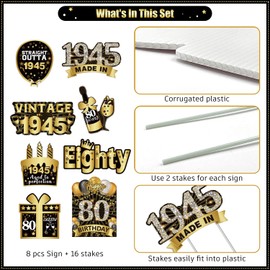 cocomigo 8pcs Black Gold 80th Birthday Yard Signs, 80th Birthday Decorations, Lawn Signs with Stakes Made in 1945 Outdoor Lawn Sign Birthday Yard Decorations for Men Women Party Supplies