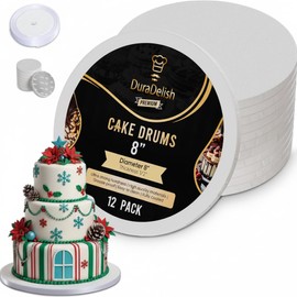 12-Pack Cake Drums 8 inch Fully Wrapped Edge, Sturdy 1/2" Thick, Greaseproof, White | Free Prop Up Tool + Matching Ribbon | Professional Round Cake Boards for Tiered, Wedding, Birthday Cakes