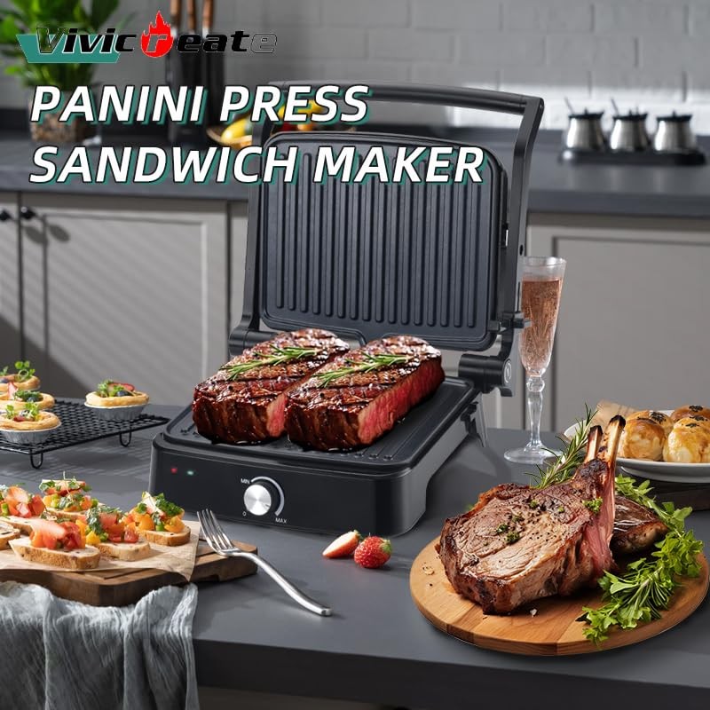 Vivicreate 5 in 1 Contact Grill, Stainless Steel Panini Press,
