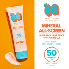 SPOOGE The OG Mineral All-Screen SPF 50 Face + Body, Dermatologist Developed, Broad Spectrum, Sheer Sunscreen - Non-Greasy No Chalky Mess & Reef Safe, All-Weather Care with Aloe + Vitamins C+E - 5 Oz
