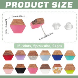 PH PandaHall 12 Colors Wood Resin Stud Earrings 12 Pairs Walnut Wood Statement Hexagon Earring Studs Post Boho Stud Earrings with 316 Stainless Steel Pin for Women Summer Beach Jewelry Gifts, 12x12mm