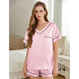 SHEFOTY Silk Pajamas for Women Short Sleeve Satin 2 Piece Pj Set Soft V Neck Sleepwear Loungewear, S-XXL Pink