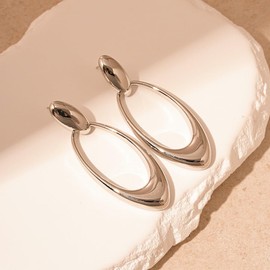 Geometric Circle Oval Stud Earrings 18K Gold Women's Hollow Big Hoop Drop Earrings (White Gold)