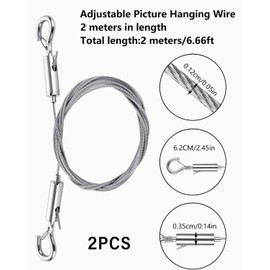 YOCDNOV Set of 2 Adjustable Wire Ropes, Photo Rope, Picture Hanging, Photo Hanging Wire Set with Hooks, 2 m × 1.5 mm, Robust Stainless Steel Rope for Curtains, Pictures