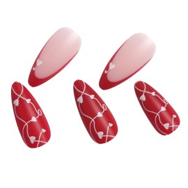 Valentines Day Press on Nails Medium Almond Love Heart Fake Nails, Red French White Hearts Acrylic Nails, Frosted Gel False Nails Kit Salon Quality Stick Glue on Nails Tip, 24 Pcs