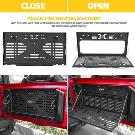 OFFROAD GAMERS Drop Down Tailgate Table for 2007-2024 Wrangler JK & JL, Rear Trunk Foldable Cargo Shelf Storage Molle Panel Cargo Luggage Holder Carrier Wrangler Camping Accessories