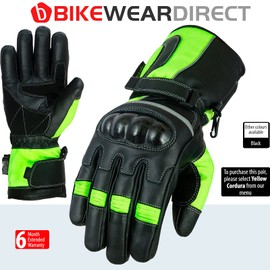 Texpeed Motorcycle Mens Waterproof Gloves Leather Cordura Textile Motorbike Moped Scooter Biker With CE Knuckle Armour Protection Yellow Hi Vis - M
