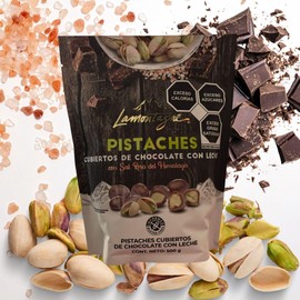 LAMONTAGNE Milk Chocolate Covered Sea Salt Pistachios with Pink Himalayan Salt, 17.68 Ounce (500 g) + NAJD LLC Sticker + Reusable Ice Packs.