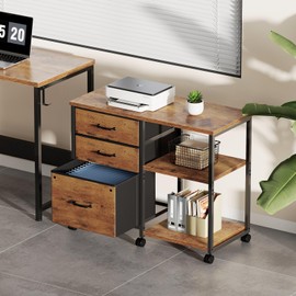 Maihail 3 Drawer File Cabinet with Wheels Rolling Printer Stand with Open Storage Shelf Fabric Lateral Filing Cabinet for Home Office,Rustic Brown2